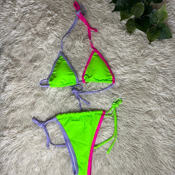 Shein women's tri-color triangle top +matching side-tie cheeky bottom bikini set - Picture 1 of 12